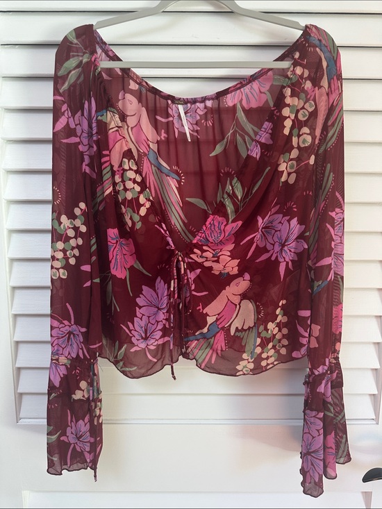 Free People Tops - Free People Burgundy Sheer Floral Tie-Front Blouse